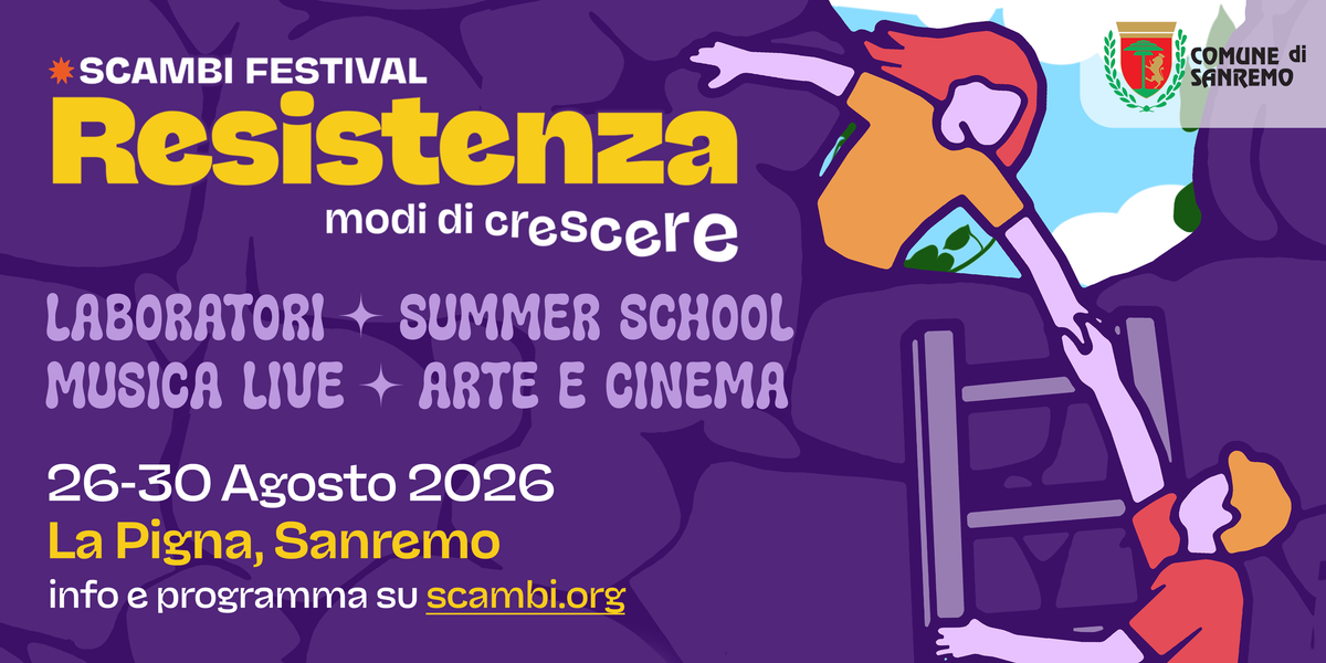 Banner Scambi Festival 2026. Una grande scritta “Resistenza” in giallo e sotto “modi di crescere” in bianco. Illustrazione di un muro con un buco in cui una persona aiuta un’altra.